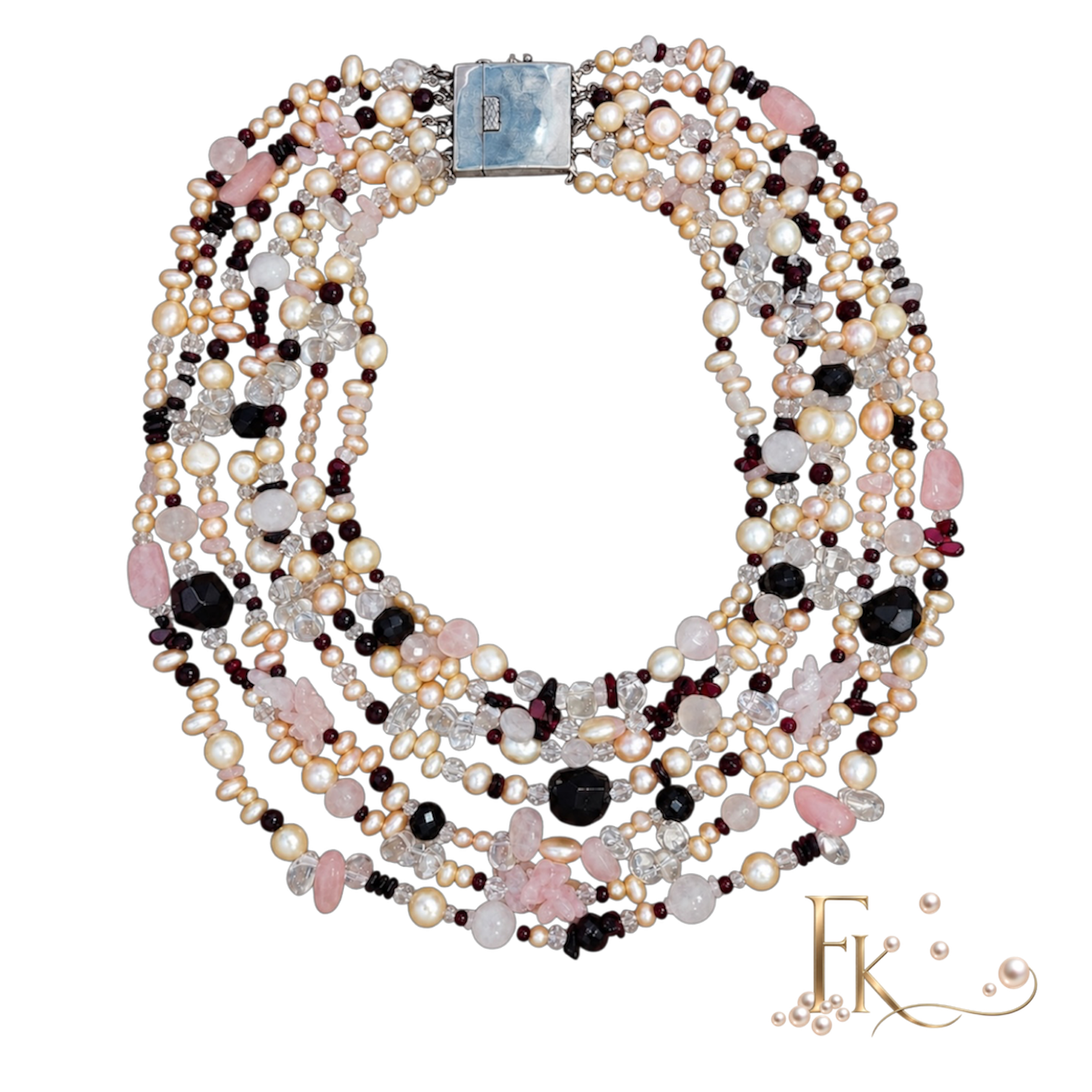 Elegant lang edelstenen en zoetwater parel collier - Image 3
