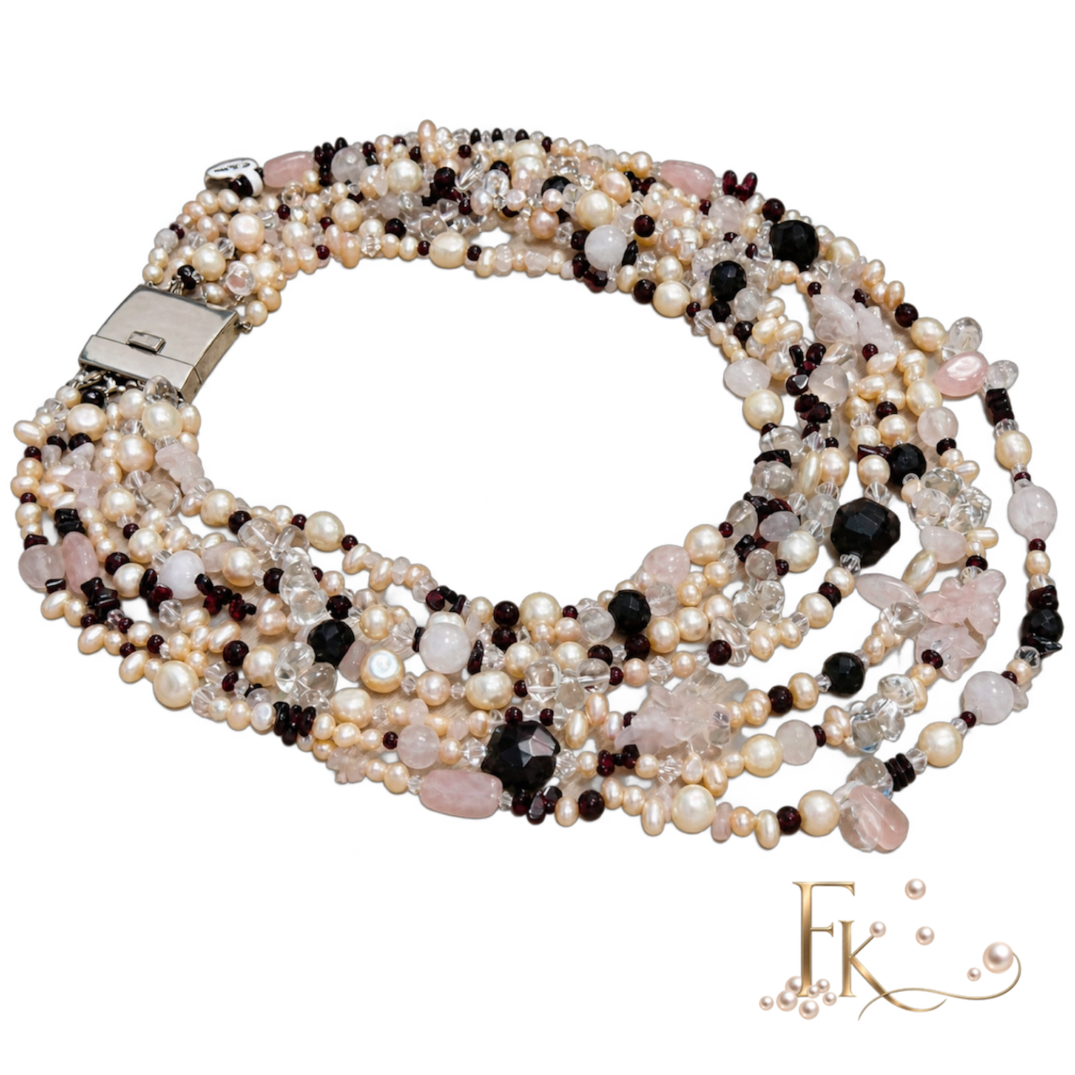 Elegant lang edelstenen en zoetwater parel collier - Image 4
