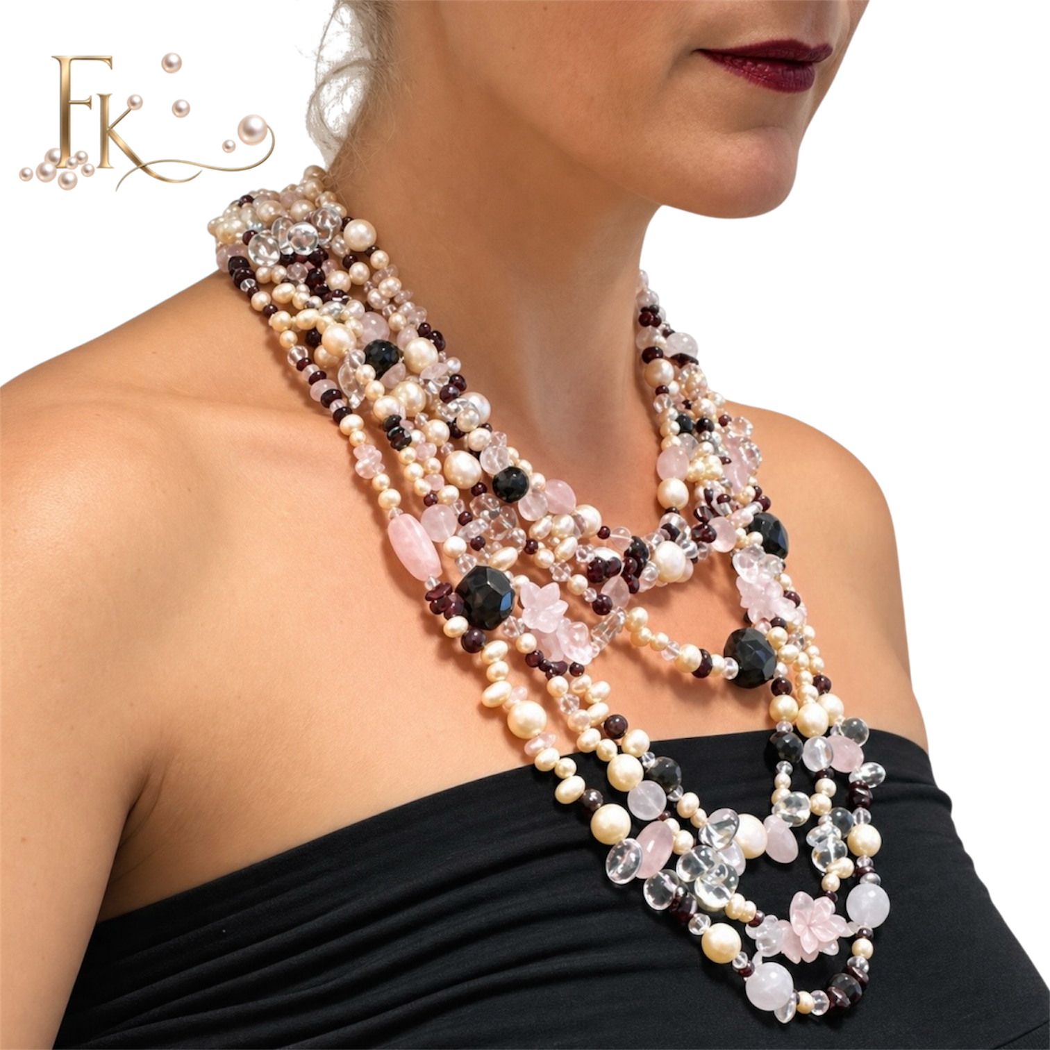 Elegant lang edelstenen en zoetwater parel collier - Image 2