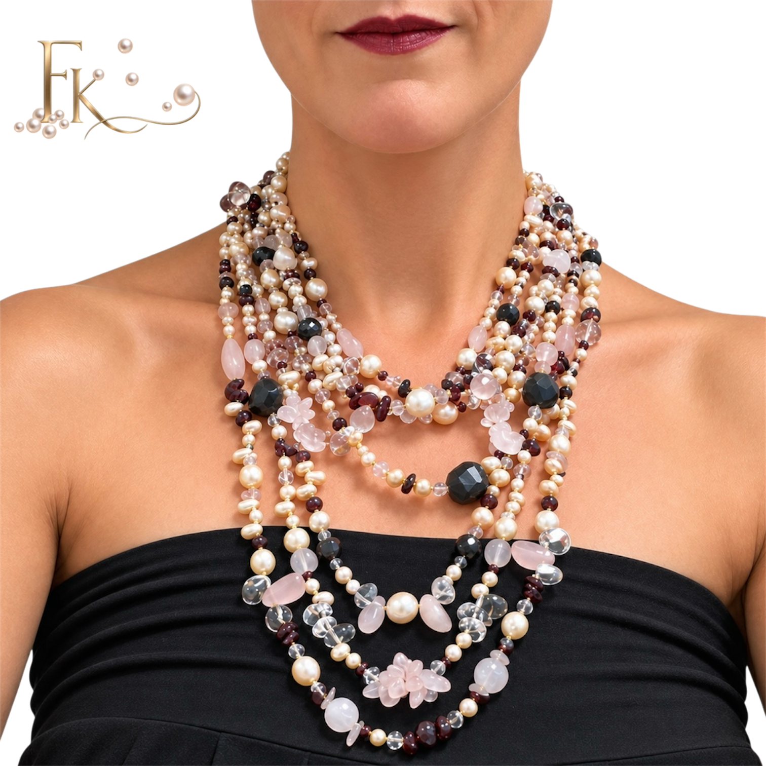 Elegant lang edelstenen en zoetwater parel collier